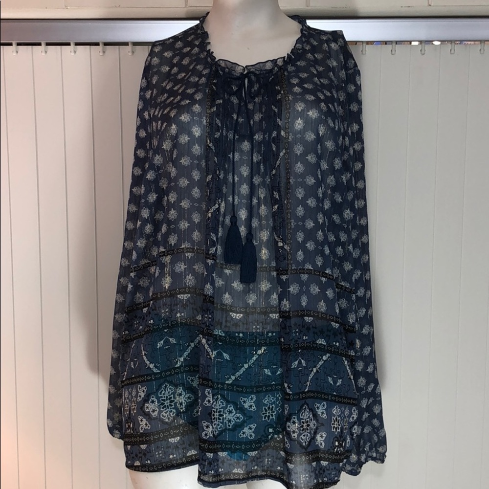 Style & Co BOHO Hazel Blue Sheer Peasant Blouse Metallic Thread, Ruffle Petite L